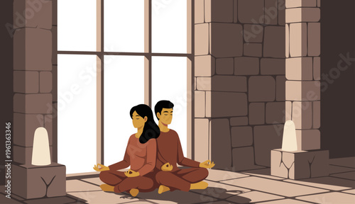 A serene couple meditates in a sunroom, bathed in natural light. Their relaxed postures and peaceful expressions evoke tranquility and harmony. A minimalist aesthetic creates a calming atmosphere.