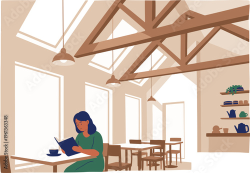 A serene cafe interior showcases natural light and biophilic design. A woman reads, surrounded by warm wood and greenery. Perfect for lifestyle and wellness visuals.