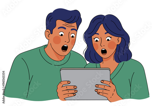 Shocked couple stares at a tablet displaying a $100 gas price increase. Bright, modern illustration with a focus on consumer concern. Commercial use suitable.