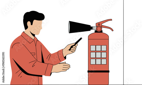 A warehouse worker inspects a fire extinguisher with a smartphone. Clean, modern illustration. Focus on safety and compliance.