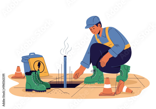 A utility worker inspects a utility hole, prioritizing floor safety. He wears protective gear and boots. A warning sign and cones mark the area. Modern illustration.