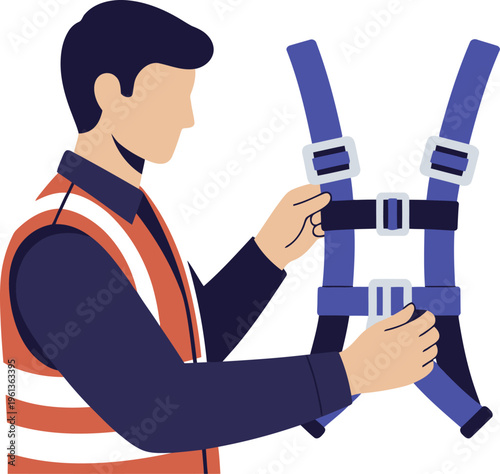 A worker checks a safety harness, ensuring proper fit and function.  Illustrative graphic, clean design, focused on safety procedures. Suitable for workplace training materials.