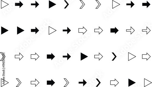 A collection of black and white arrow symbols pointing right on a clean white surface