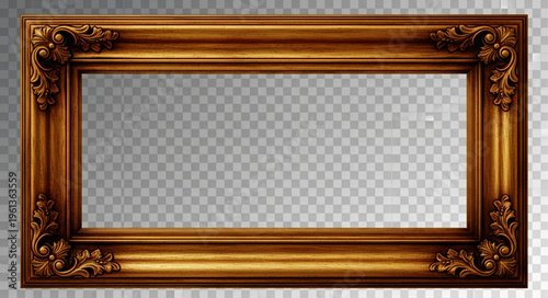 Elegant golden vintage frame with intricate baroque or rococo carvings. Empty wooden picture frame isolated on a transparent checkered background, perfect for photo mockups, art displays, or interior.