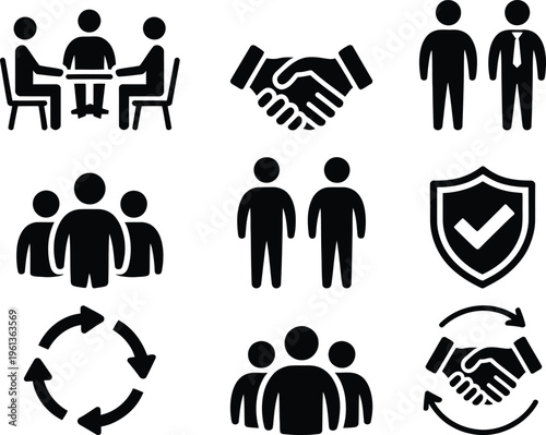 Collection of icons representing various teamwork and collaboration concepts