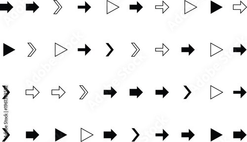 A comprehensive set of black and white directional arrow icons displayed on a plain white backdrop
