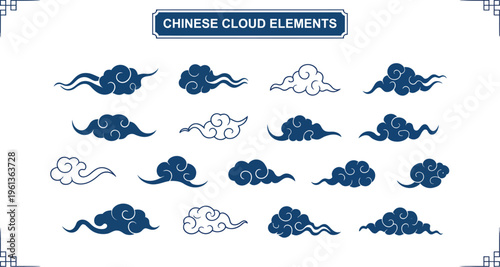 Chinese Clouds Vector Set Featuring Oriental Decorative Elements, Vintage Sky Art Illustration for Asian Chinese New Year, Mid Autumn Festival Cards and Traditional Design Use