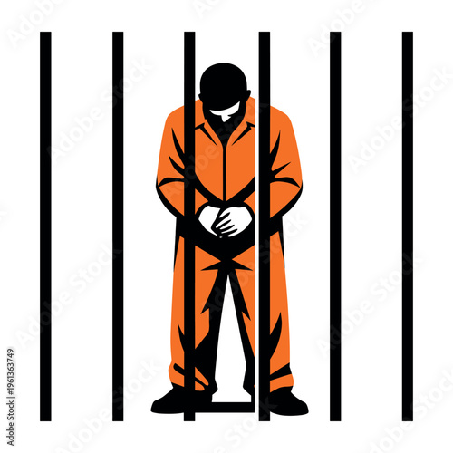 Prisoner standing in an orange uniform behind jail bars. Depicting themes of crime, justice, confinement, and legal consequences