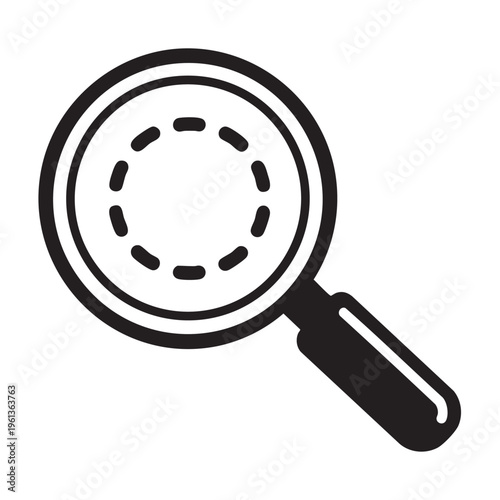 A magnifying glass with a dashed line outline is shown on a white background for search.