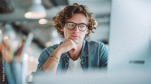 Young caucasian male in glasses working thoughtfully at computer in modern office