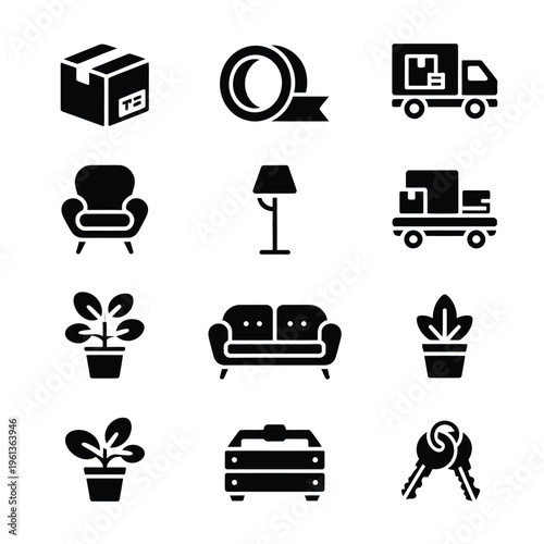 Minimalist Home Furniture and Delivery Icon Set in Solid Black
