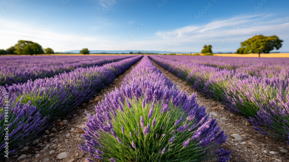 Obraz premium Captivating lavender fields under a clear blue sky for tranquil landscape design and inspiration