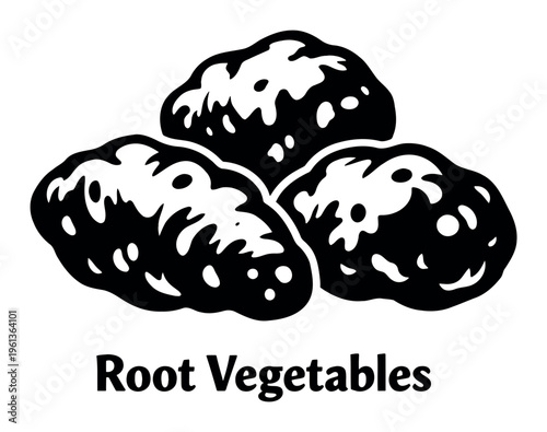 Root vegetables or tubers forming a pile. Black and white vector drawing illustrating potatoes for food, farm, and diet concepts