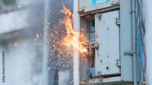 Industrial background of an outdoor electrical panel on fire with sparks and flames. Symbolizes system failure, short circuit danger, and critical infrastructure risk.
