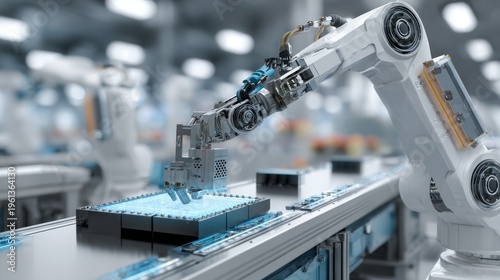 Industrial robotics arm assembling circuit boards in modern factory setting