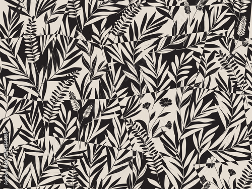 Seamless floral background with leaves. Hand drawn minimal abstract organic shapes pattern. Vector black abstact pattern with grey leaves and flowers.