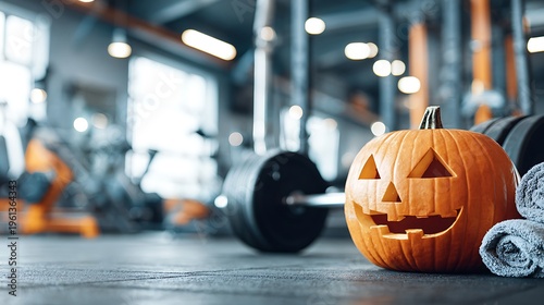 Holiday fitness background. Carved Halloween Jack-o'-lantern on a modern gym floor next to dumbbells and towels. Symbolizes a seasonal workout challenge, autumn wellness, and festive gym community.