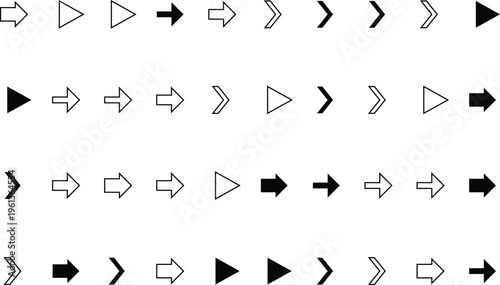 A variety of black and white arrow signs for indicating direction presented on a pure white backdrop