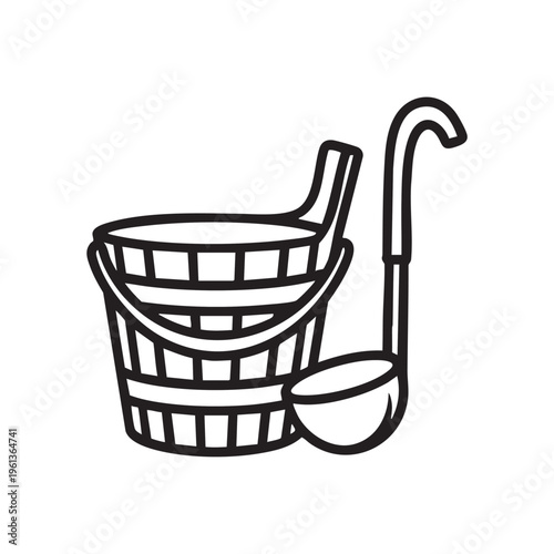 An illustration of a bucket and ladle outline for sauna use