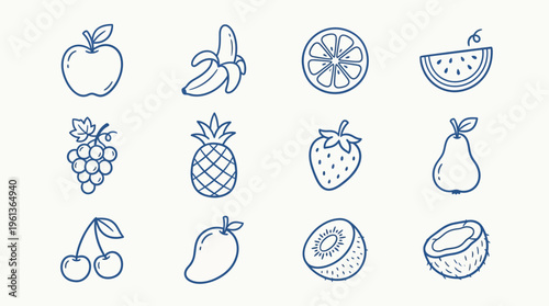 A collection of 12 hand-drawn, blue-outlined fruit icons arranged in a 3x4 grid on a light background.