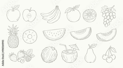 A collection of hand-drawn fruit sketches featuring apples, bananas, oranges, grapes, pineapple, watermelon, melon, strawberries, coconut, pear, and cherries in a simple line art style.
