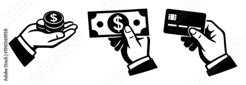 Hands representing different payment methods including cash and card. Illustrating finance, business, banking, and money exchange concepts