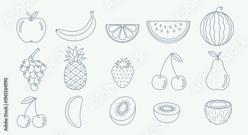 Outline illustrations of various fresh fruits including apple, banana, watermelon, pineapple, and berries on a light background.