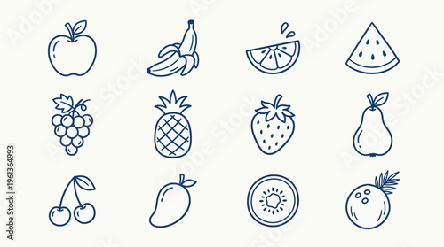 Collection of hand-drawn outline fruit icons including apple, banana, orange, watermelon, grapes, pineapple, strawberry, pear, cherries, mango, kiwi, and coconut on a light background.