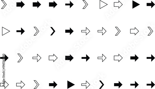 Various black and white arrow shapes are arranged in neat rows across a bright white background