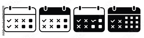 Attendance calendar icon, checkmark marked dates symbol, schedule tracking concept, time management interface element, productivity planner design, clean minimal style, vector illustration isolated on