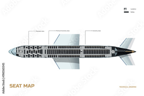 Passenger aircraft lopa diagram. Civil commercial aircraft seat map. Interior of a modern turbojet aircraft. Top view.