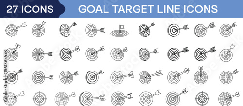 Goal target line icons set with arrows hitting bullseye, achievement success business strategy aim precision outline vector collection