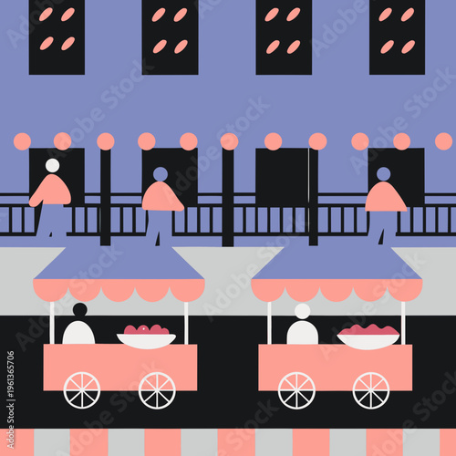 A modern and minimalist vector illustration of a bustling urban street food market scene featuring pink mobile food stalls, abstract vendors and pedestrians in a clean geometric style.