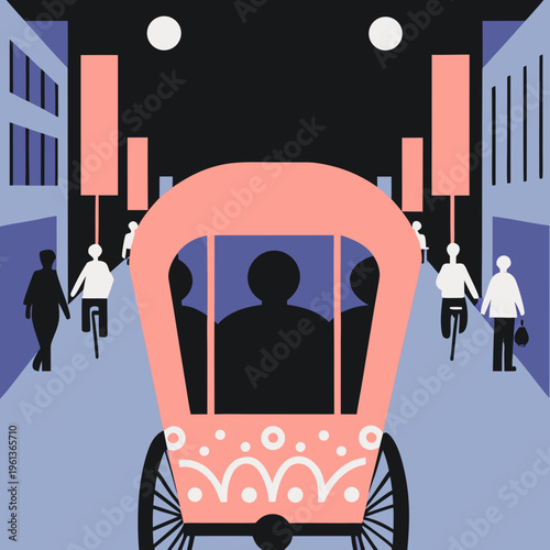 Minimalist flat vector illustration of a traditional pink rickshaw traveling through a stylized city street at night with silhouetted people walking and cycling in the background urban scene.