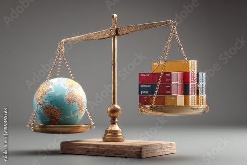 Golden balance scale with globe and shipping containers symbolizing global trade