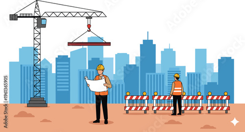 Construction engineers wearing hard hats and safety vests reviewing blueprints at city building site with crane and urban skyline.