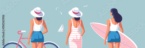 Vector illustrations of women on the theme of summer adventures, travel, beach fun and relaxation.