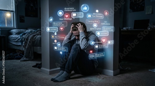 Young person overwhelmed by constant social media notifications, depicting the anxiety and mental health toll of digital addiction and online pressure