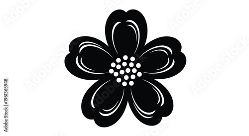 Vector illustration of stylized fivepetal flower icon silhouette with decorative center