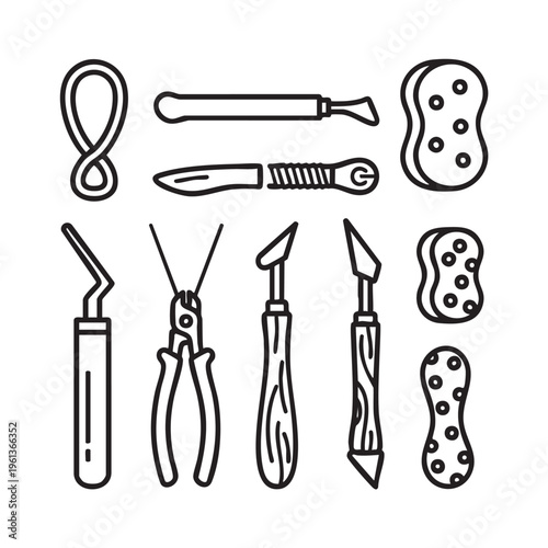 A set of sculpting tools outlined in black on a white background for artistic use.