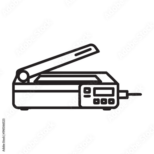 An illustration of a flatbed scanner device with an open lid and control panel