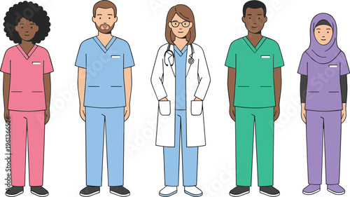 Diverse medical team of doctors and nurses in colorful scrubs and lab coats for healthcare hospital and clinic concepts.