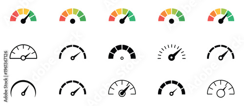 Speedometer icon set, speed indicator, gauge, dashboard, tachometer, scale, speedometer icon with arrow, featuring vehicle speed symbols
