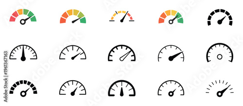 Speedometer icon set, speed indicator, gauge, dashboard, tachometer, scale, speedometer icon with arrow