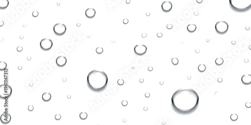 A high resolution close up of transparent water droplets scattered across a clean white background Vector, illustration