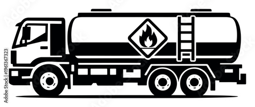 Tanker truck transporting flammable liquids and fuel like oil or gas. Vehicle icon representing logistics and energy industry