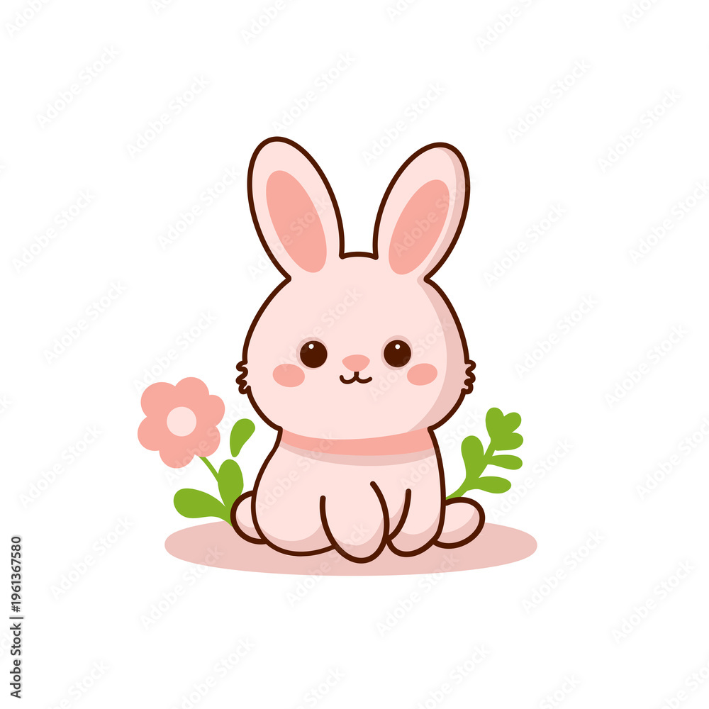 Fototapeta premium Cute pink Easter bunny character sitting with spring flowers, kawaii rabbit clipart isolated on transparent background