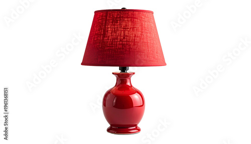 A red ceramic table lamp with a red lampshade on a black background