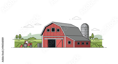 A red barn and silo stand on a green farm field with a tractor and hay bales under a clear sky.
