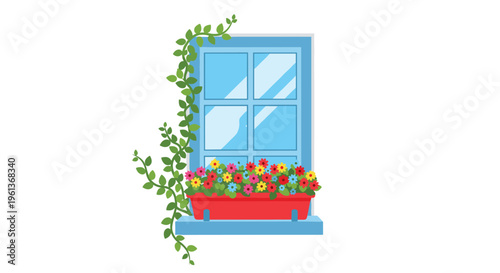 A blue window with four panes features a red flower box and a green vine on a white background.